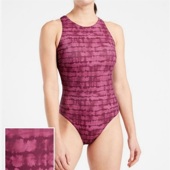 Athleta Maldives Purple Plum Tie Dye Printed Cut Out One Piece Swimsuit - Picture 1 of 9